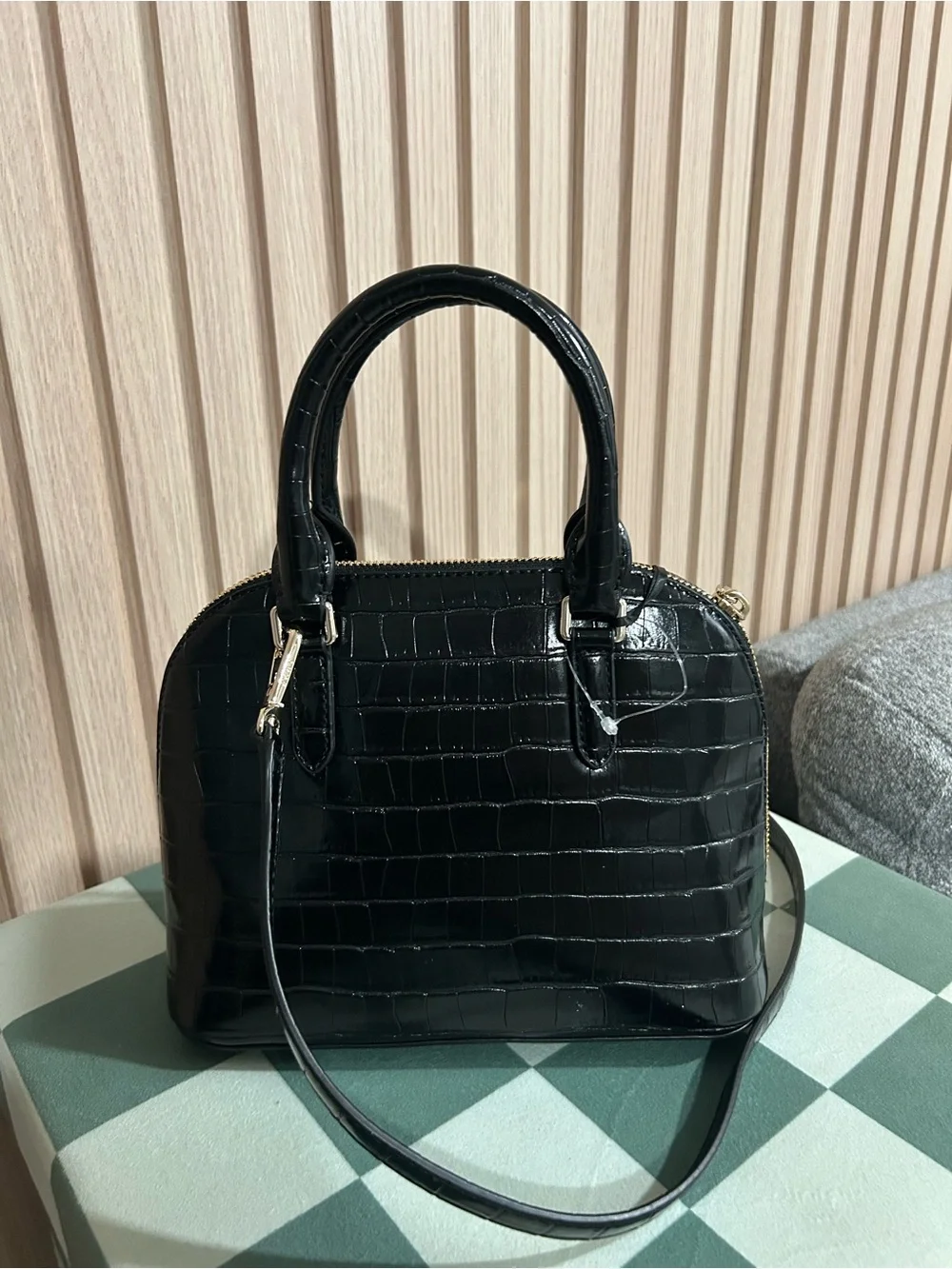 DKNY Black Croc-Embossed Satchel with Gold Hardware